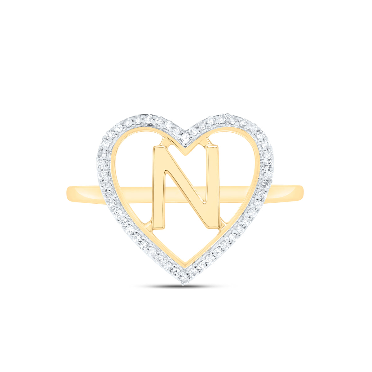 10k Gold 1/10 CTW-Natural Diamond Gift Initial "N" Ladies Heart Ring