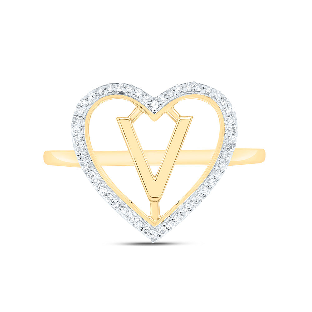 10k Gold 1/10 CTW-Natural Diamond Gift Initial "V" Ladies Heart Ring