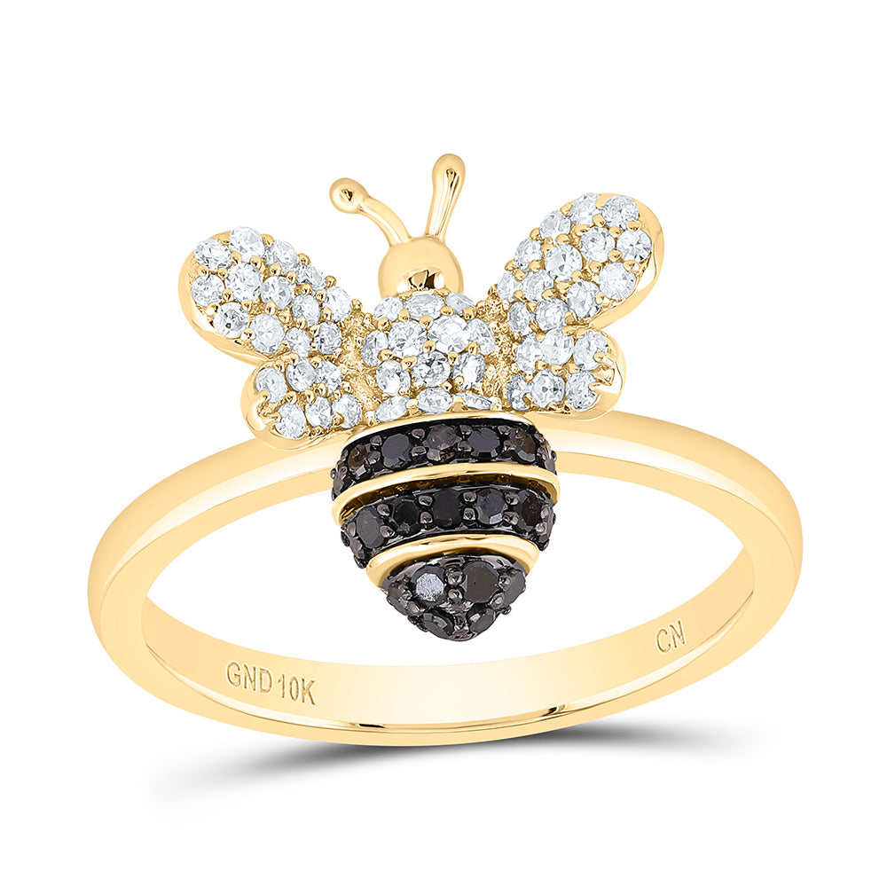 10k Gold 3/8 CTW-Natural Diamond Rd-Black Diamond Honey Bee Ring