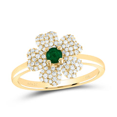 14k Gold 1/4 CTW-Natural Diamond 3.5MM-Rd-Em Natural Gemstone Flower Ring