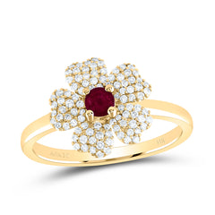 14k Gold 1/4 CTW-Natural Diamond 3.5MM-Rd-Ru Natural Gemstone Flower Ring