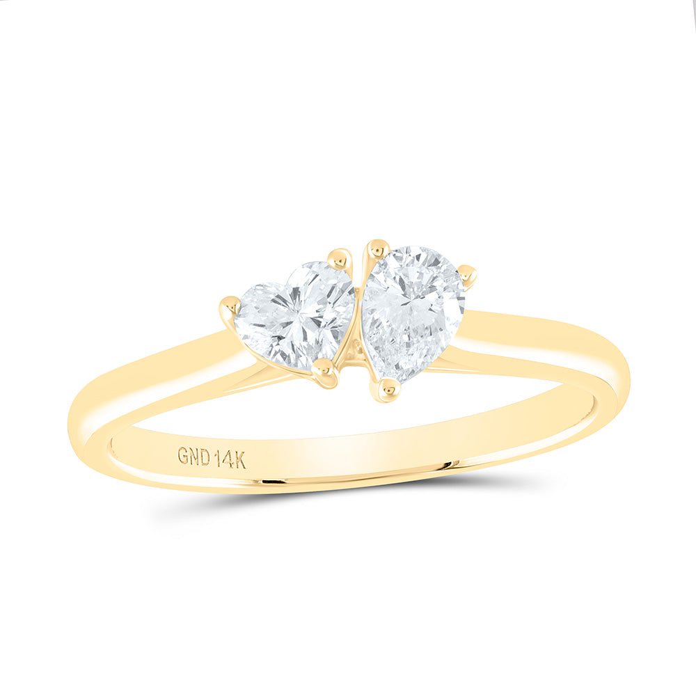 14k Gold 1/2 CTW-Natural Diamond I1-Ij 1/4 Ct- Cht, 1/4 Ct-Cps, Heart 2 Stone Ring