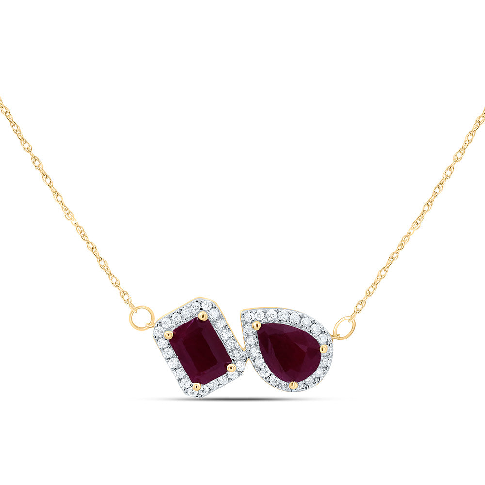 14k Gold 1/4 CTW-Natural Diamond 7X5MM Em-Ru, 8X6MM Ps-Ru Natural Gemstone Necklace(18Inch )