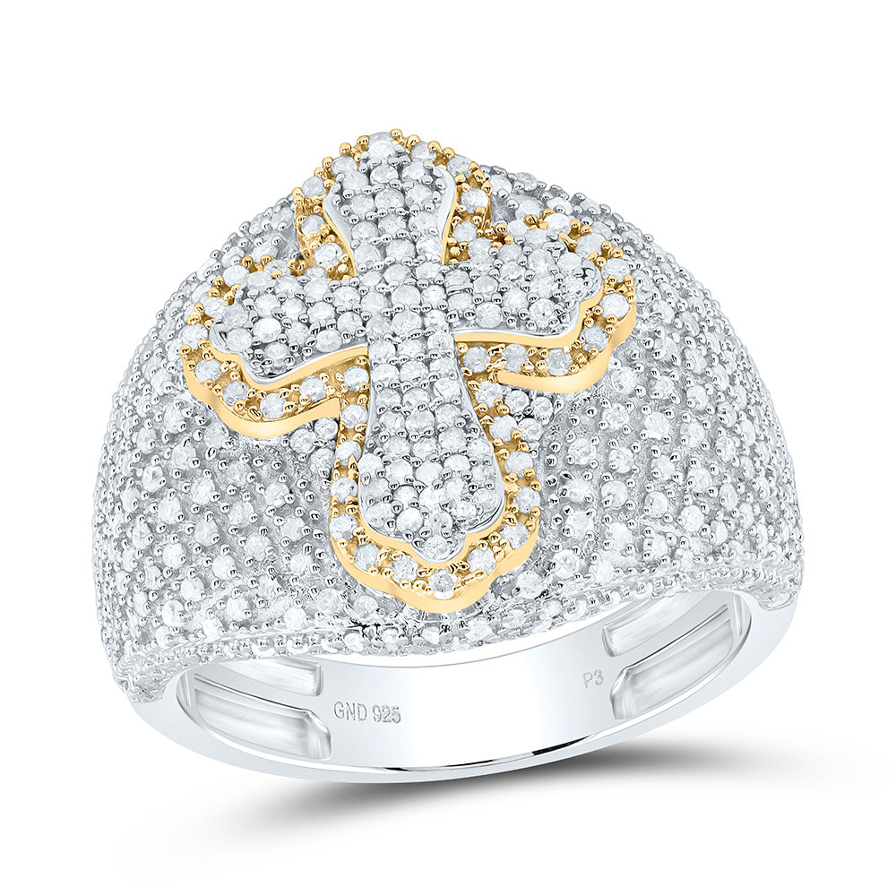 Sterling Silver 1 3/8 CTW-Natural Diamond Cross Men'S Ring