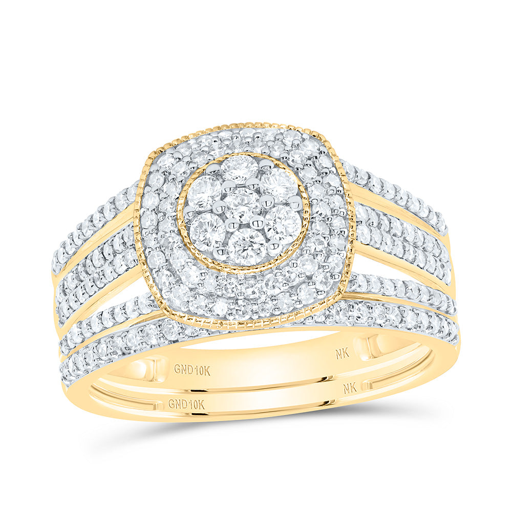 10k Gold 3/4 CTW-Natural Diamond Cushion Double Halo Bridal Set