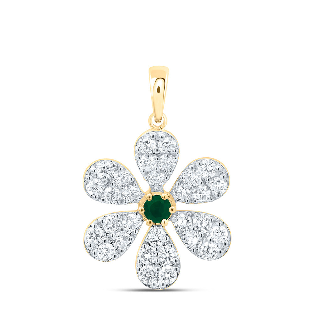 14k Gold 1 CTW-Natural Diamond 3MM-Rd-Em Natural Gemstone Flower Pendant