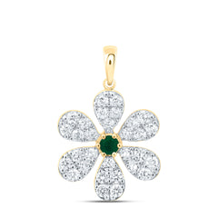 14k Gold 1 CTW-Natural Diamond 3MM-Rd-Em Natural Gemstone Flower Pendant