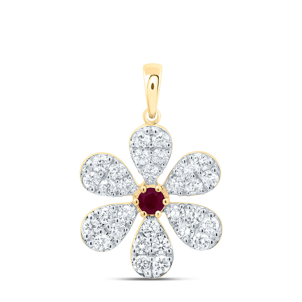14k Gold 1 CTW-Natural Diamond 3MM-Rd-Ru Natural Gemstone Flower Pendant