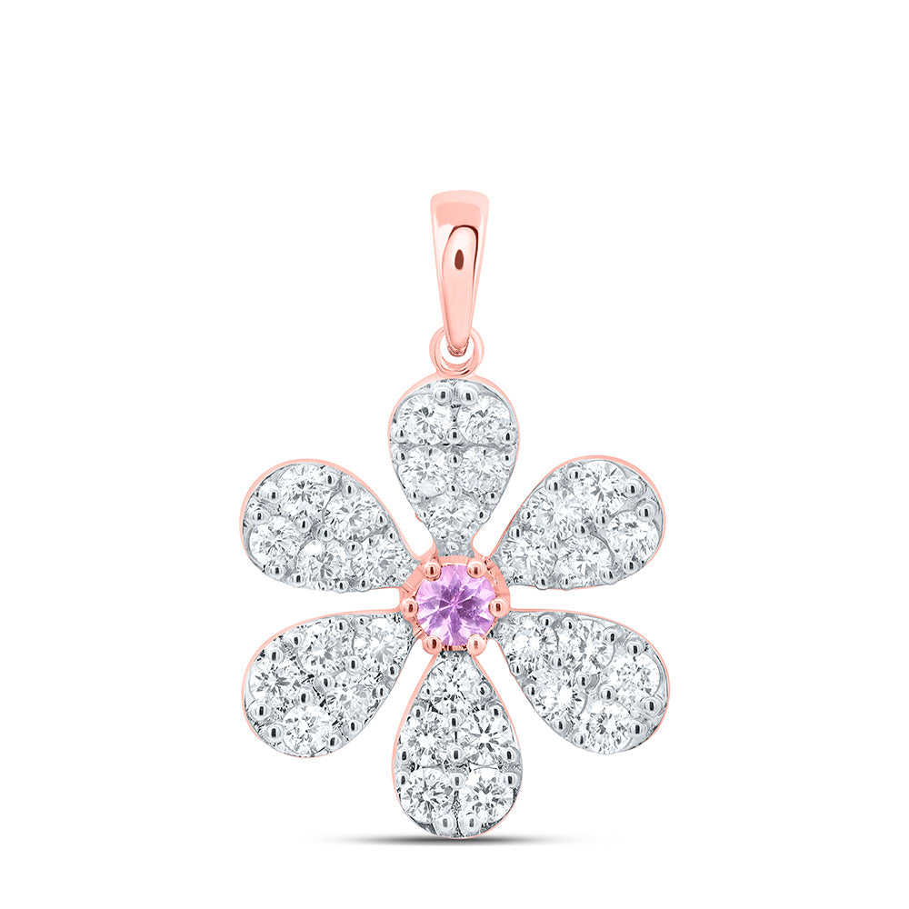 14k Gold 1 CTW-Natural Diamond 3MM-Rd-Pi Sapp Natural Gemstone Flower Pendant