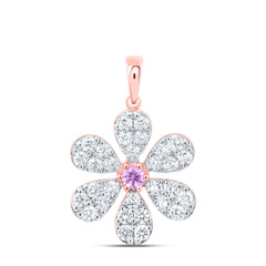 14k Gold 1 CTW-Natural Diamond 3MM-Rd-Pi Sapp Natural Gemstone Flower Pendant