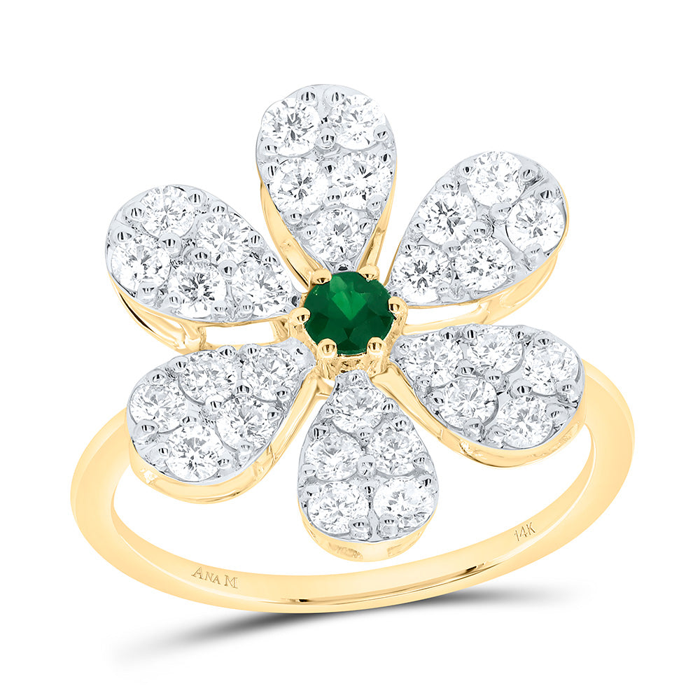 14k Gold 1 CTW-Natural Diamond 3MM-Rd-Em Natural Gemstone Flower Ring