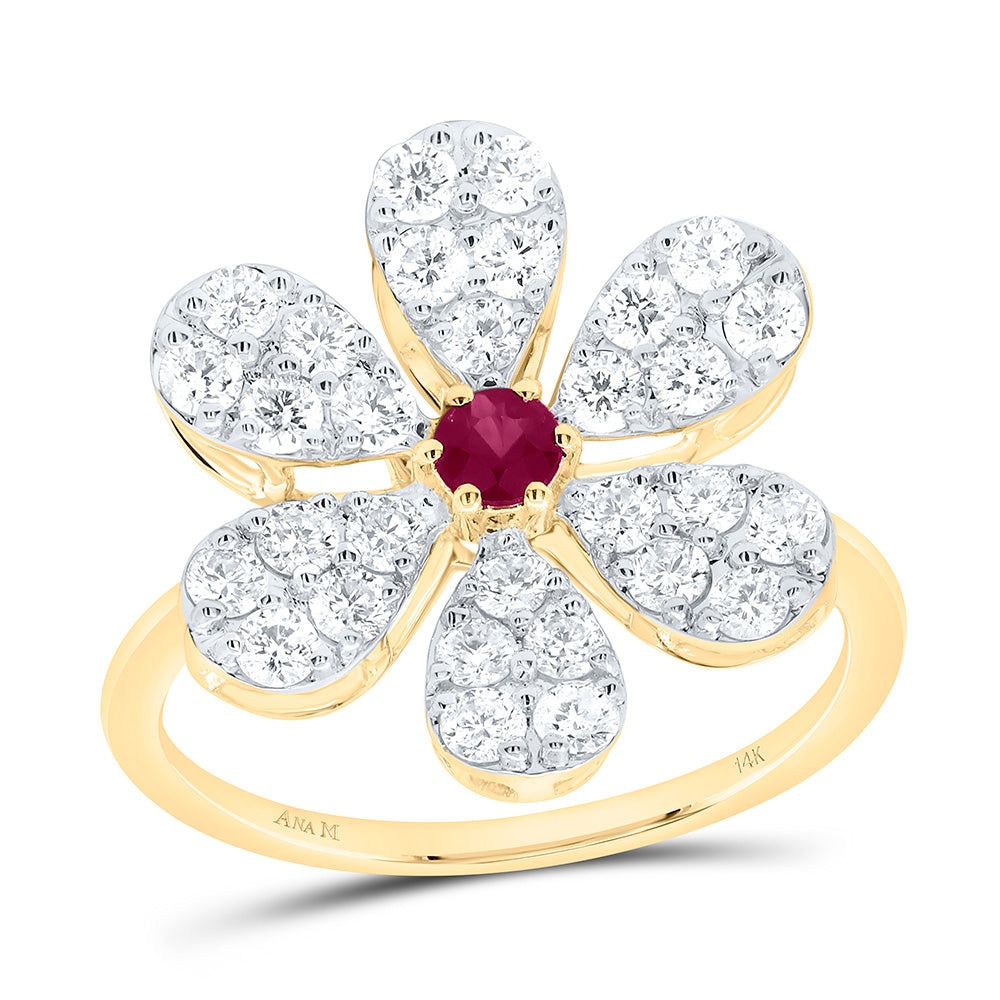 14k Gold 1 CTW-Natural Diamond 3MM-Rd-Ru Natural Gemstone Flower Ring