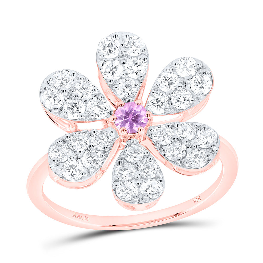 14k Gold 1 CTW-Natural Diamond 3MM-Rd-Pi Sapp Natural Gemstone Flower Ring