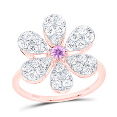 14k Gold 1 CTW-Natural Diamond 3MM-Rd-Pi Sapp Natural Gemstone Flower Ring