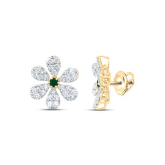 14k Gold 1 1/3 CTW-Natural Diamond 2.6MM-Rd-Em Natural Gemstone Flower Earring