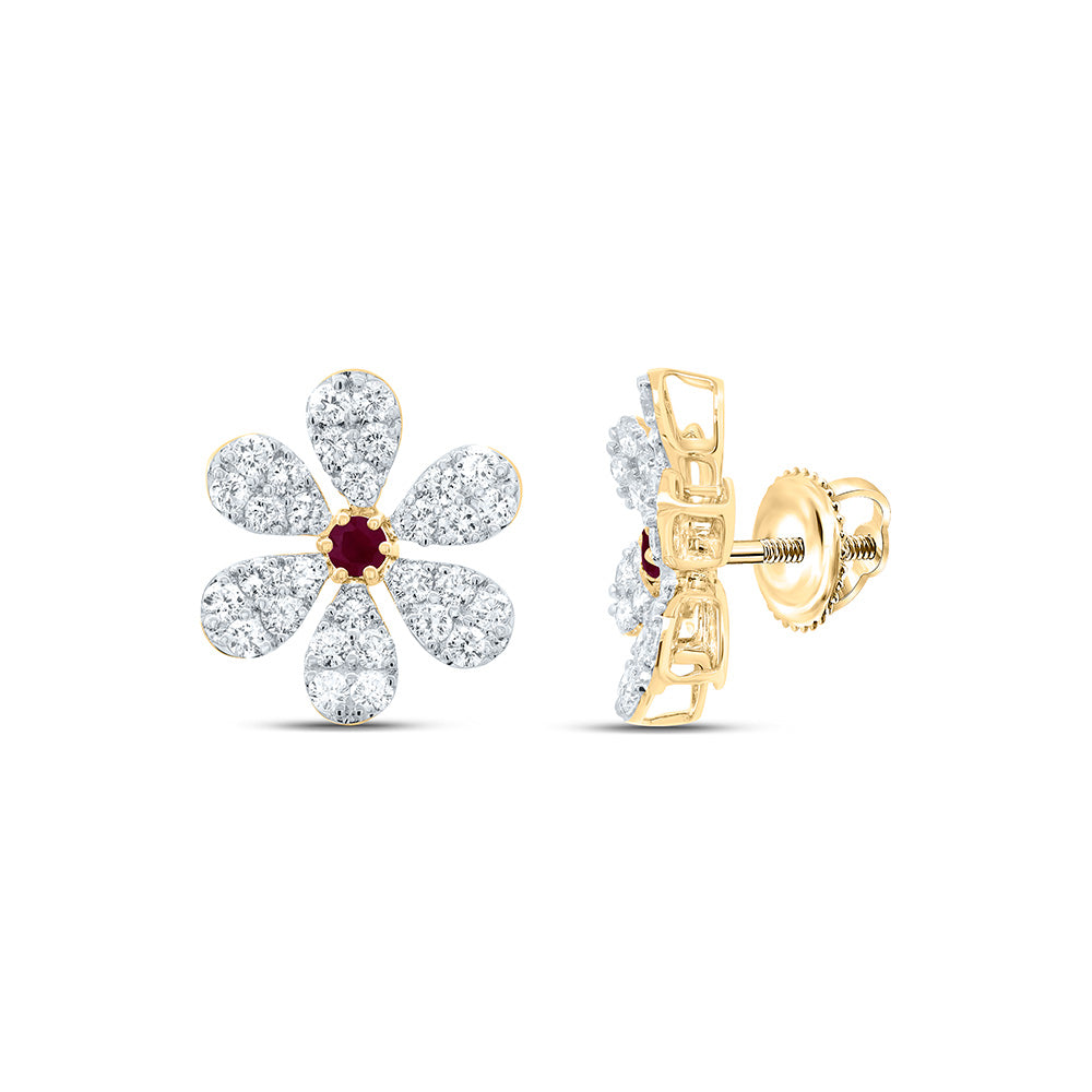 14k Gold 1 1/3 CTW-Natural Diamond 2.6MM-Rd-Ru Natural Gemstone Flower Earring