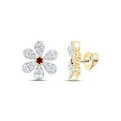 14k Gold 1 1/3 CTW-Natural Diamond 2.6MM-Rd-Ru Natural Gemstone Flower Earring