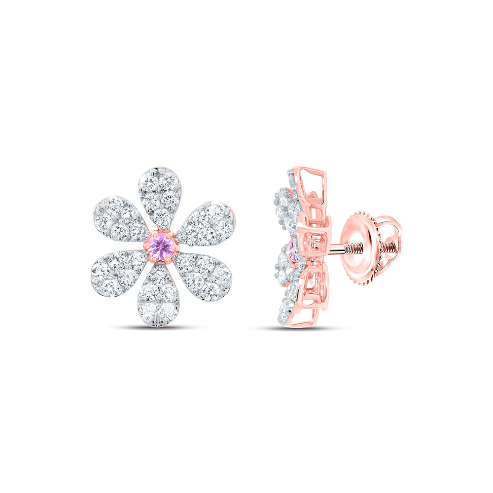 14k Gold 1 1/3 CTW-Natural Diamond 2.6MM-Rd-Ps Natural Gemstone Flower Earring