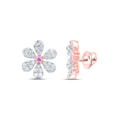 14k Gold 1 1/3 CTW-Natural Diamond 2.6MM-Rd-Ps Natural Gemstone Flower Earring