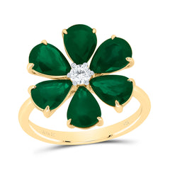 14k Gold 1/8 CTW-Natural Diamond 4 1/5 CTW-Ps-Em Natural Gemstone Flower Ring