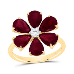 14k Gold 1/8 CTW-Natural Diamond 4 3/4 CTW-Ps-Ru Natural Gemstone Flower Ring