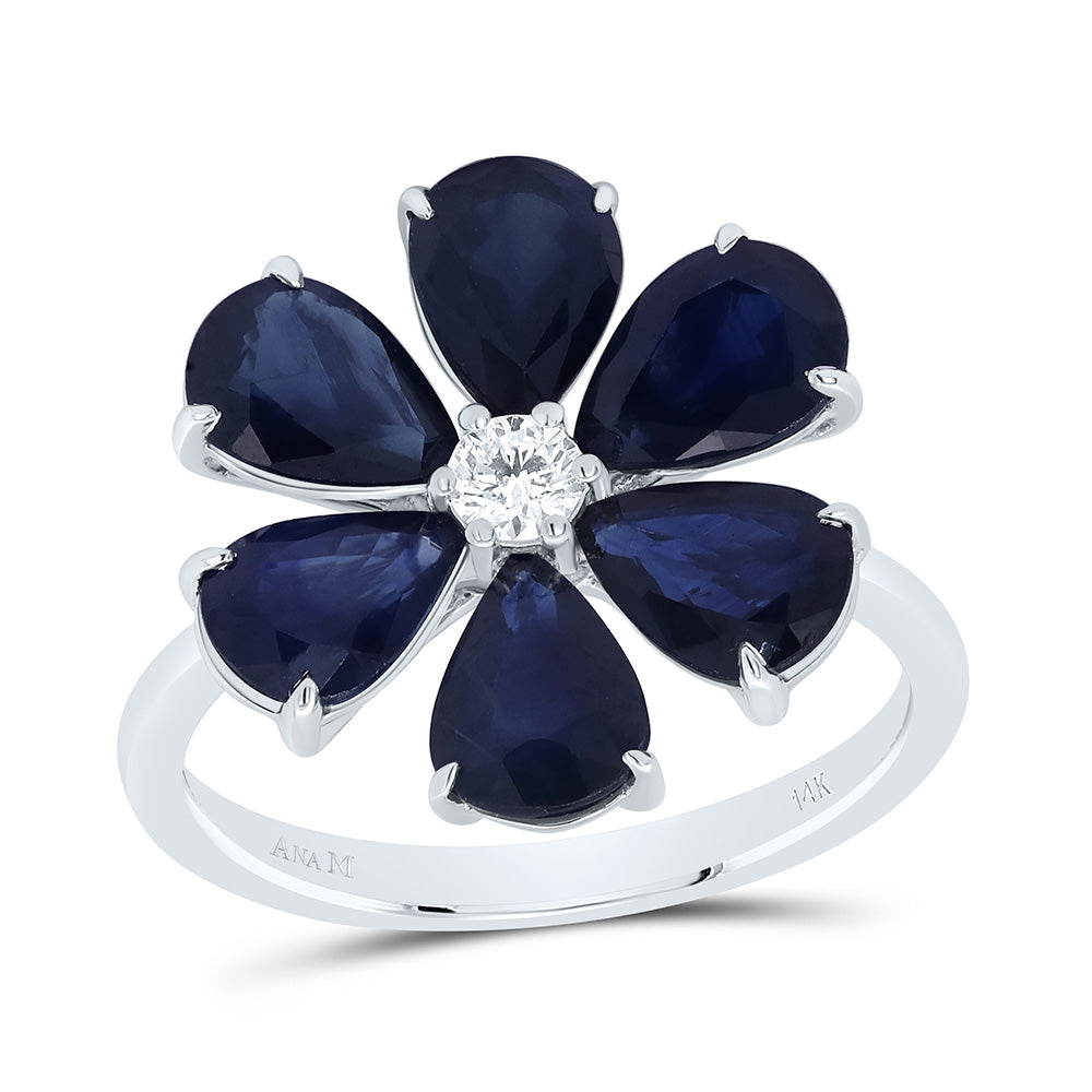 14k Gold 1/8 CTW-Natural Diamond 4 3/4 CTW-Ps-Bs Natural Gemstone Flower Ring