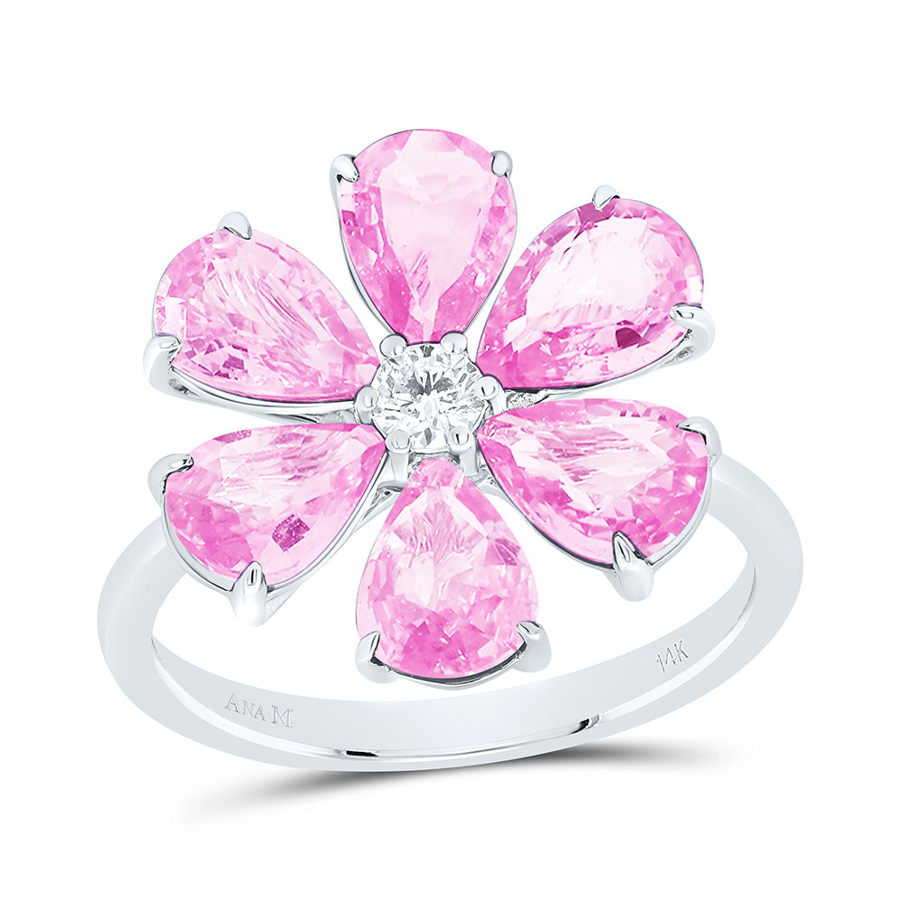 14k Gold 1/8 CTW-Natural Diamond 4 CTW-Ps-Pi Sapp Natural Gemstone Flower Ring
