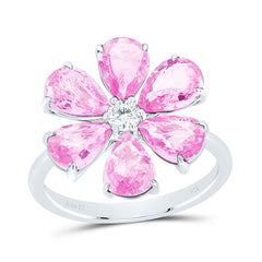 14k Gold 1/8 CTW-Natural Diamond 4 CTW-Ps-Pi Sapp Natural Gemstone Flower Ring