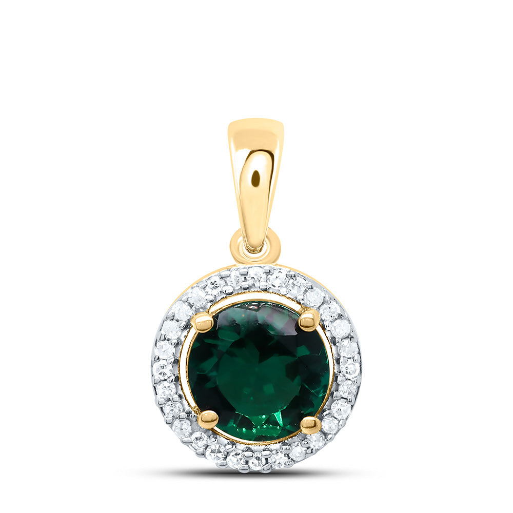 10k Gold 1/12 CTW-Natural Diamond 6MM Rd-Emerald Synthetic Pendant