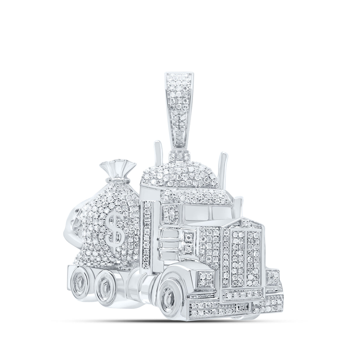 Sterling Silver 1 CTW-Natural Diamond Money Bag Truck Mens Charm