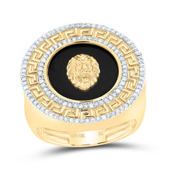 10k Gold 1/2 CTW-Natural Diamond 15.50 MM Onyx Round Lion Men'S Ring