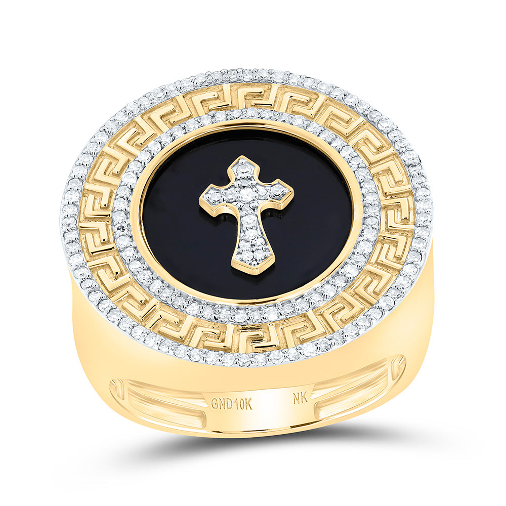 10k Gold 1/2 CTW-Natural Diamond 15.50MM Onyx Round Cross Men'S Ring