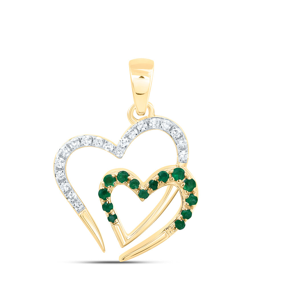 10k Gold 1/10 CTW-Natural Diamond 1/10 CTW-Rd-Emerald Natural Gemstone Heart Pendant