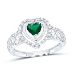 Sterling Silver 1/6 CTW-Natural Diamond 5MM Ht-Emerald Synthetic Heart Ring