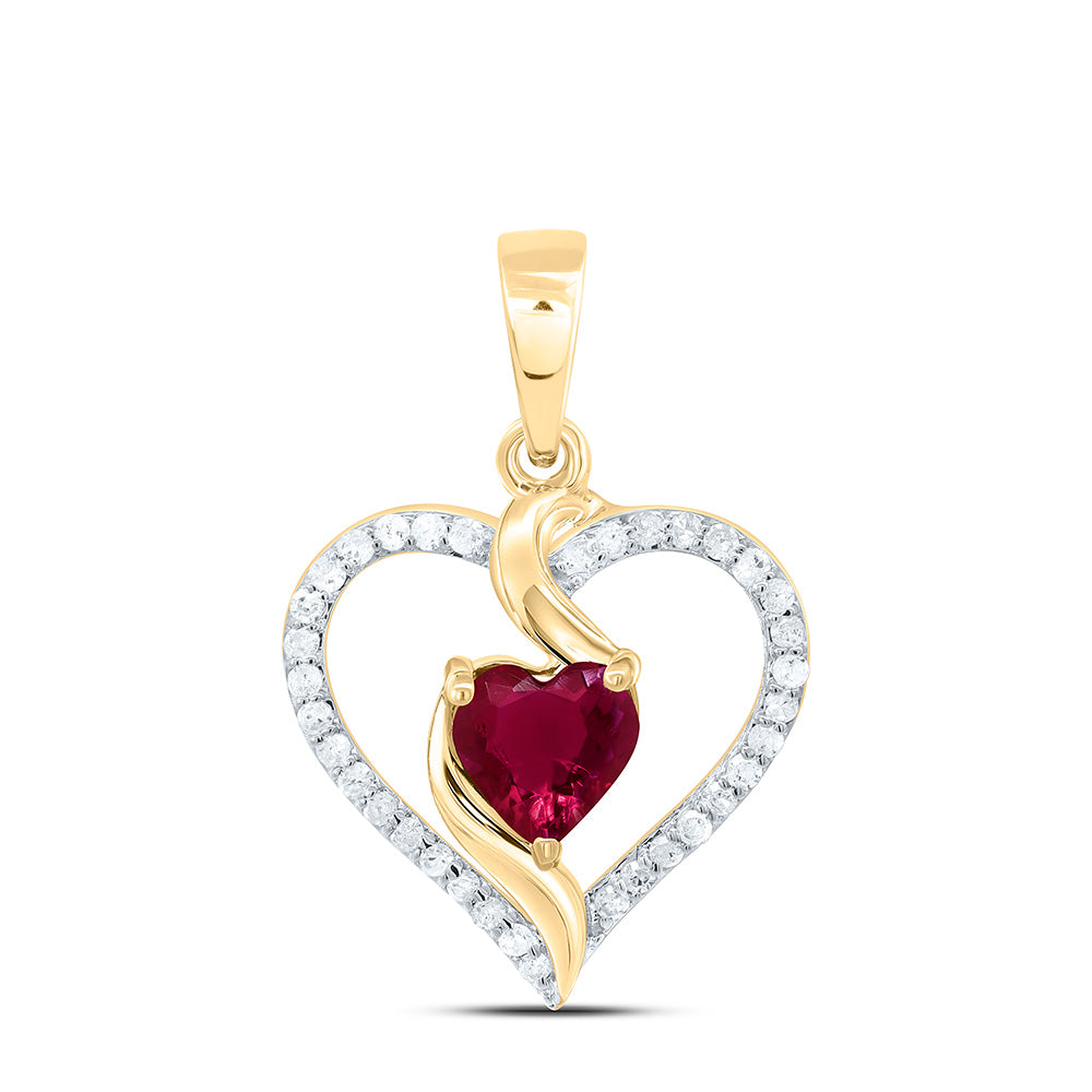 10k Gold 1/8 CTW-Natural Diamond 5MM Ht-Ruby Synthetic Heart Pendant