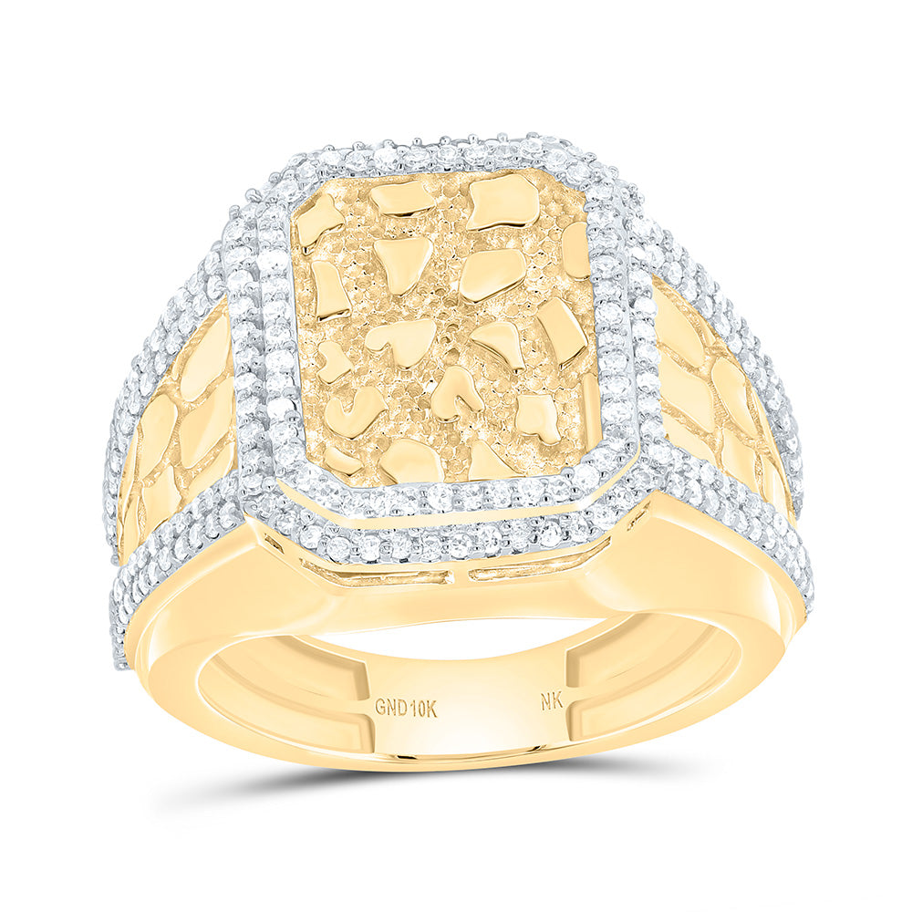 10k Gold 3/4 CTW-Natural Diamond Nugget Emerald Men'S Ring