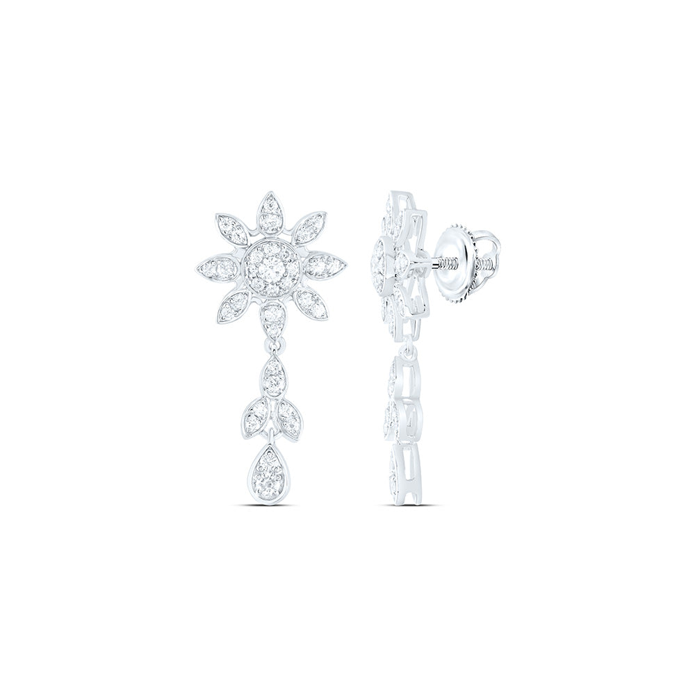 14k Gold 7/8 CTW-Natural Diamond Fashion Flower Dangling Earring