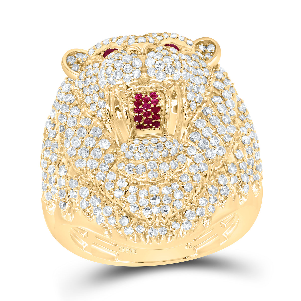 10k Gold 2 3/8 CTW-Natural Diamond 1/10 CTW-Rd-Ru Natural Gemstone Lion Face Men'S Ring
