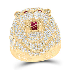 10k Gold 2 3/8 CTW-Natural Diamond 1/10 CTW-Rd-Ru Natural Gemstone Lion Face Men'S Ring