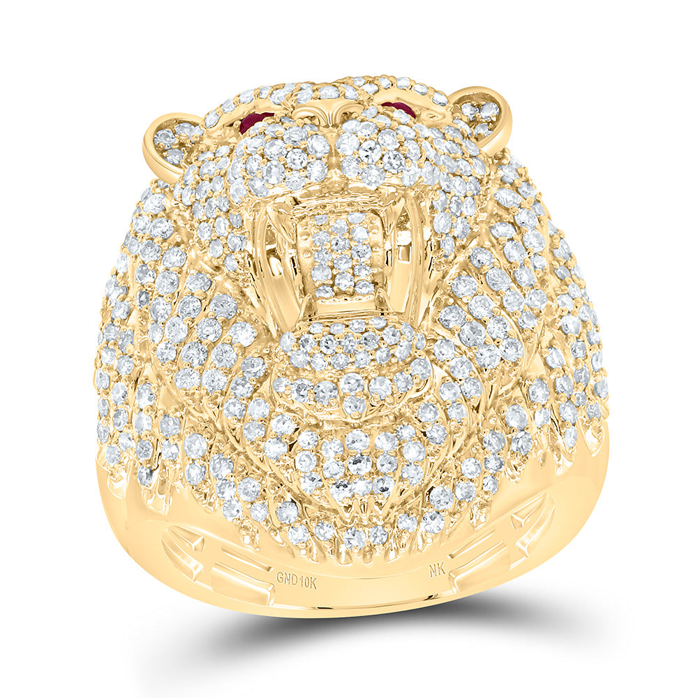 10k Gold 2 1/2 CTW-Natural Diamond 0.03 CTW-Rd-Ru Natural Gemstone Lion Face Men'S Ring