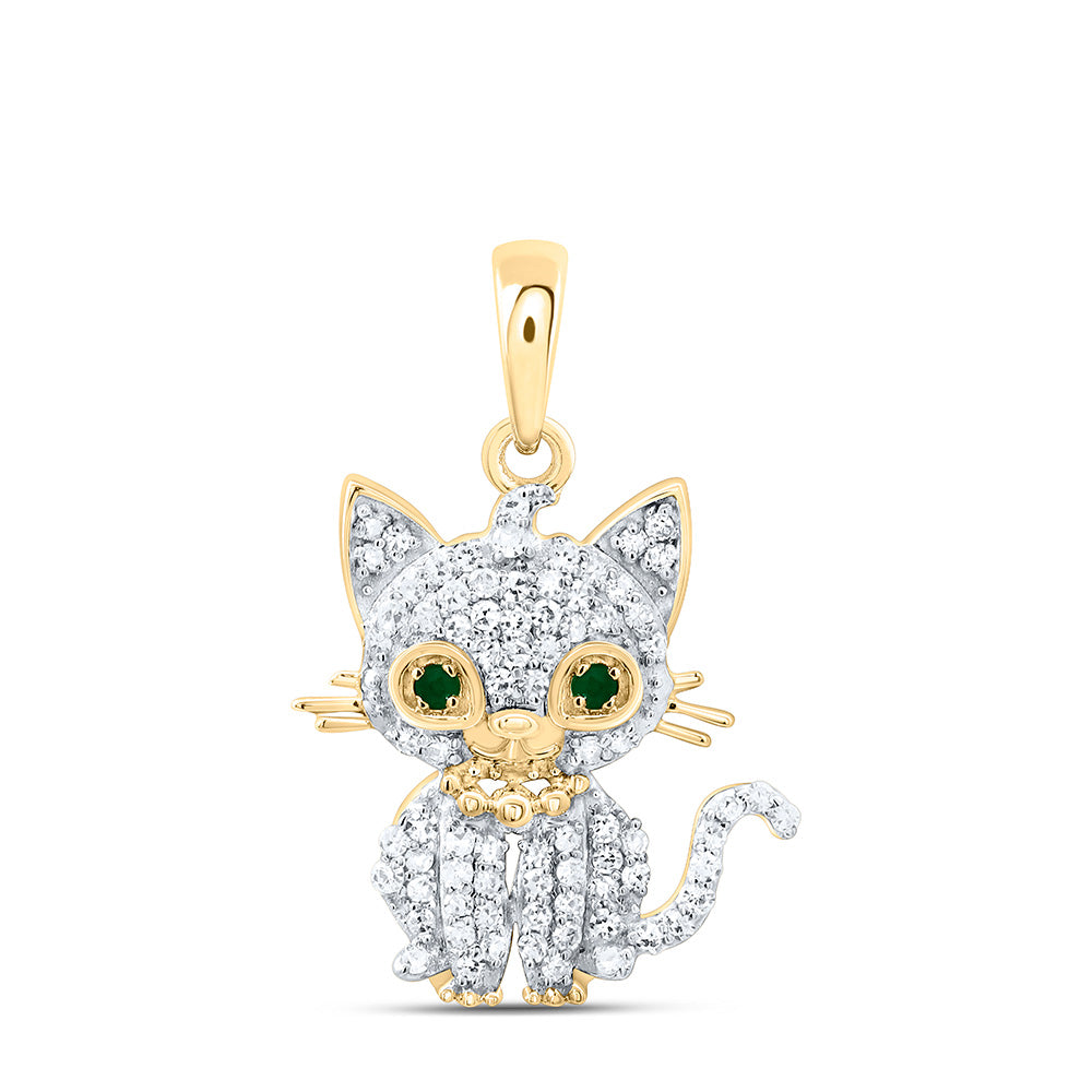 10k Gold 1/6 CTW-Natural Diamond Gift 0.01 CTWrd-Em Nat-Gem Cat Pendant