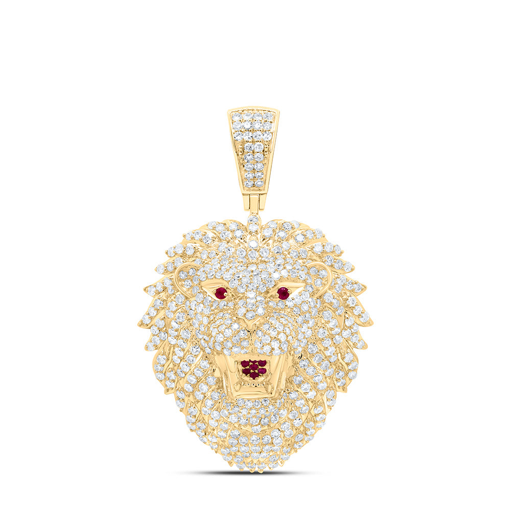 10k Gold 2 1/3 CTW-Natural Diamond 1/10 CTW-Rd-Ru Natural Gemstone Lion Face Mens Charm