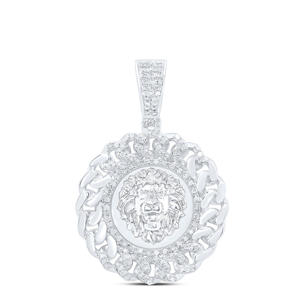 Sterling Silver 1/2 CTW-Natural Diamond Lion Face Round Cuban Mens Charm