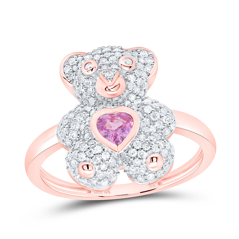 10k Gold 1/2 CTW-Natural Diamond 4MM Hs-Pi Sapp Natural Gemstone Heart Teddy Bear Ring