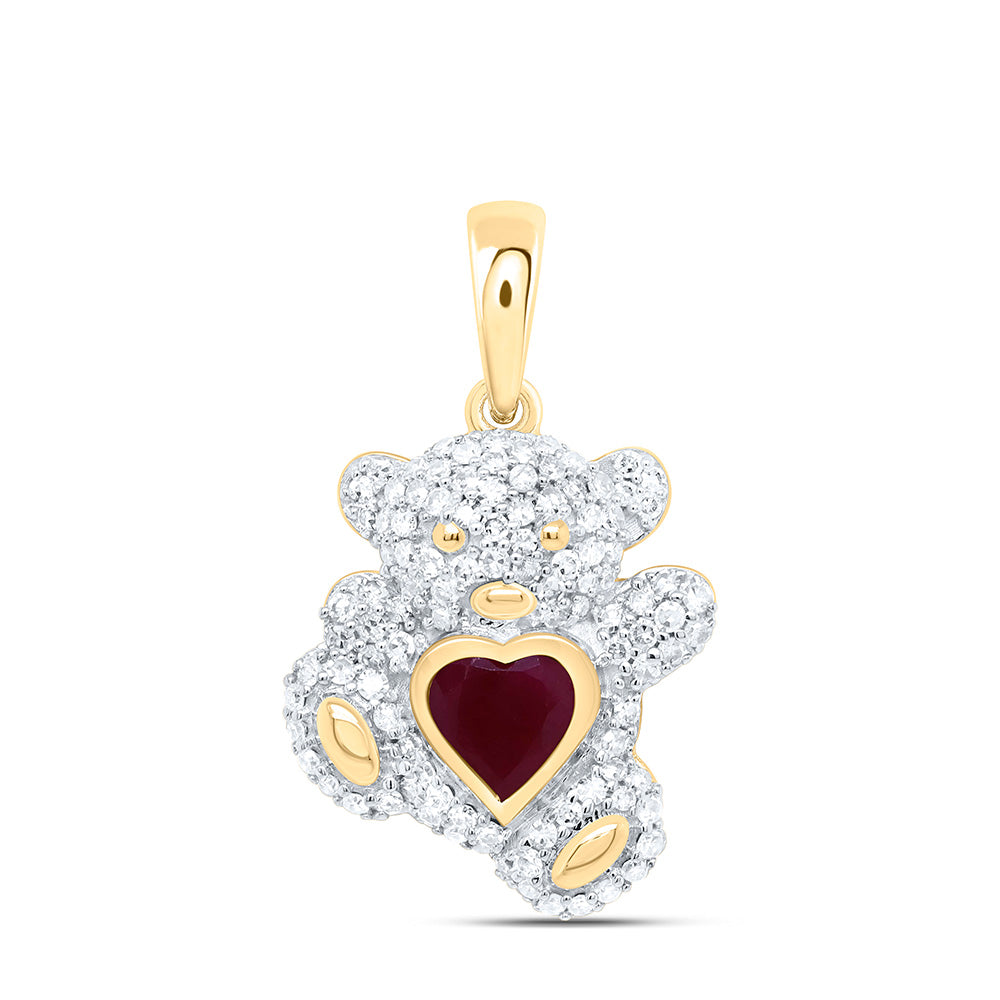 10k Gold 3/8 CTW-Natural Diamond 5MM Hs-Ru Natural Gemstone Heart Teddy Bear Pendant