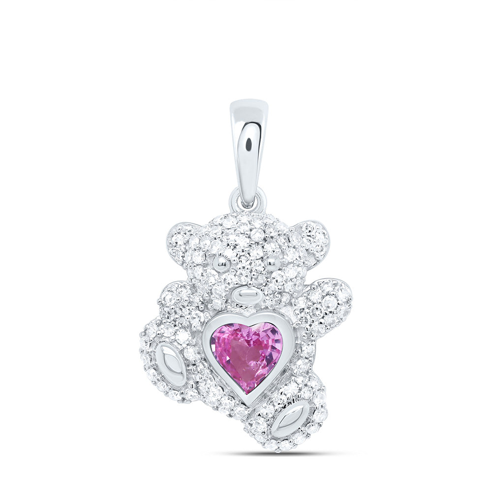 10k Gold 3/8 CTW-Natural Diamond 5MM Hs-Pi Sapp Natural Gemstone Heart Teddy Bear Pendant