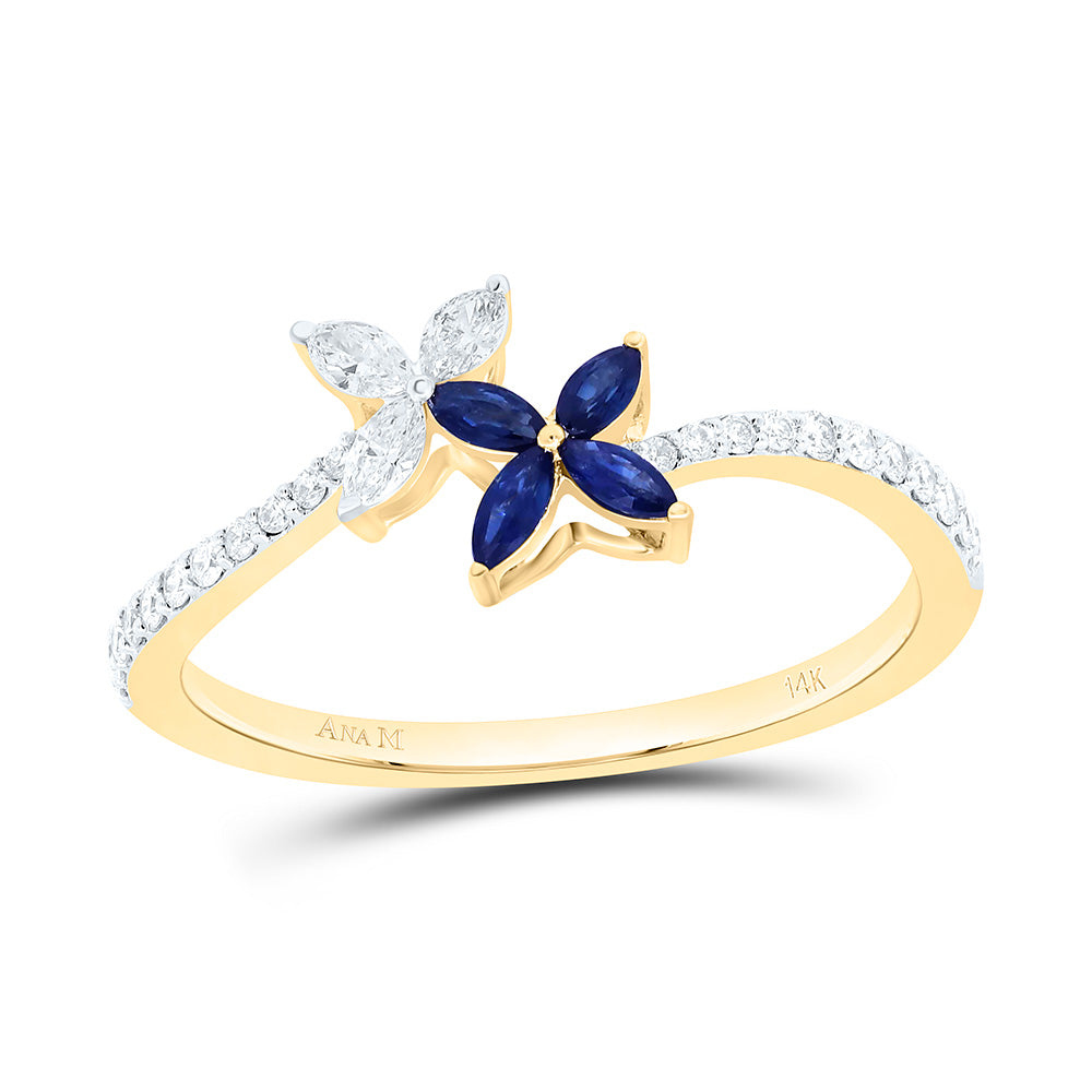 14k Gold 1/5 CTW-Natural Diamond 1/10 CTW-Mq-Bs Natural Gemstone Flower Ring