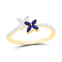 14k Gold 1/5 CTW-Natural Diamond 1/10 CTW-Mq-Bs Natural Gemstone Flower Ring