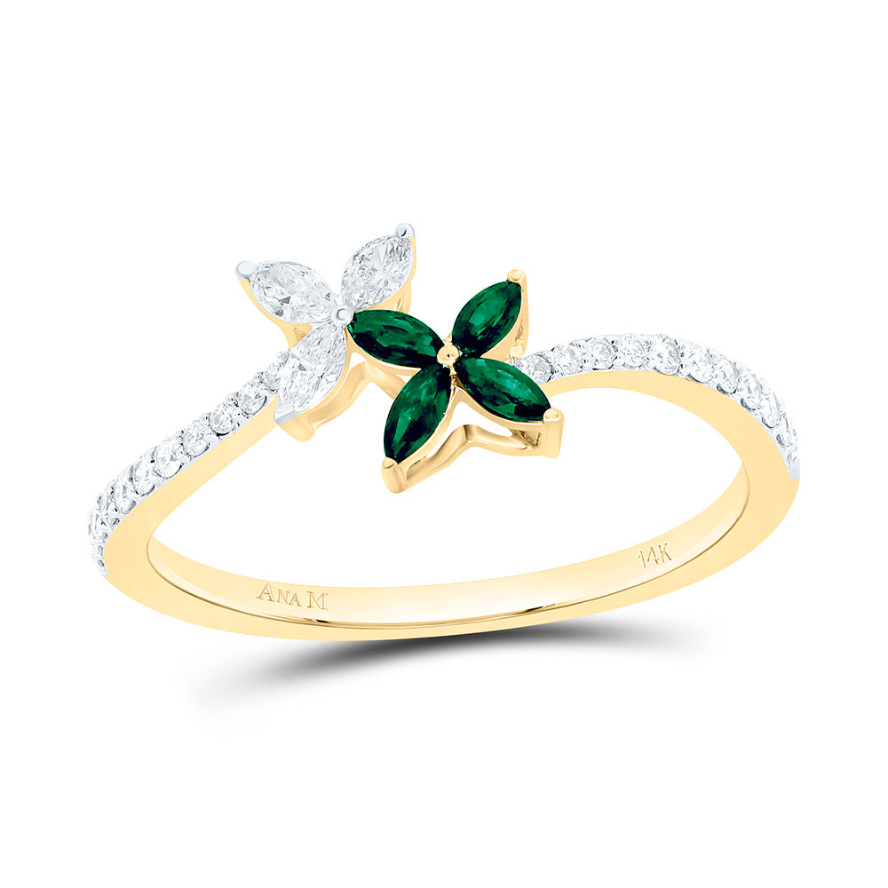 14k Gold 1/5 CTW-Natural Diamond 1/10 CTW-Mq-Em Natural Gemstone Flower Ring 1.4