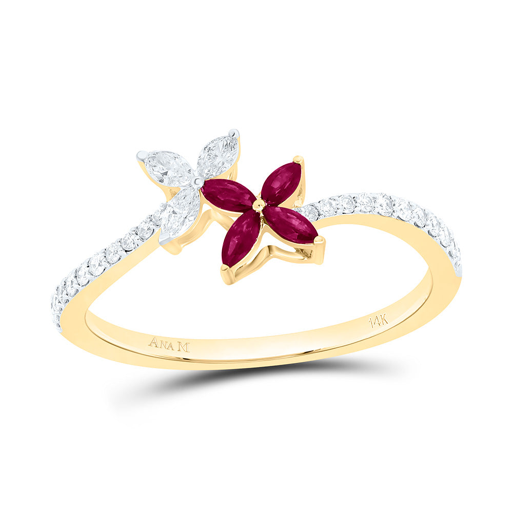 14k Gold 1/5 CTW-Natural Diamond 1/6 CTW-Mq-Ru Natural Gemstone Flower Ring